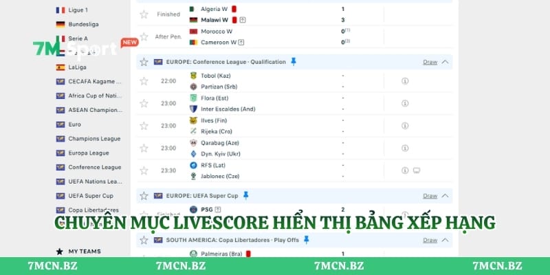 Chuyên mục Livescore hiển thị bảng xếp hạng và lịch thi đấu bóng đá
